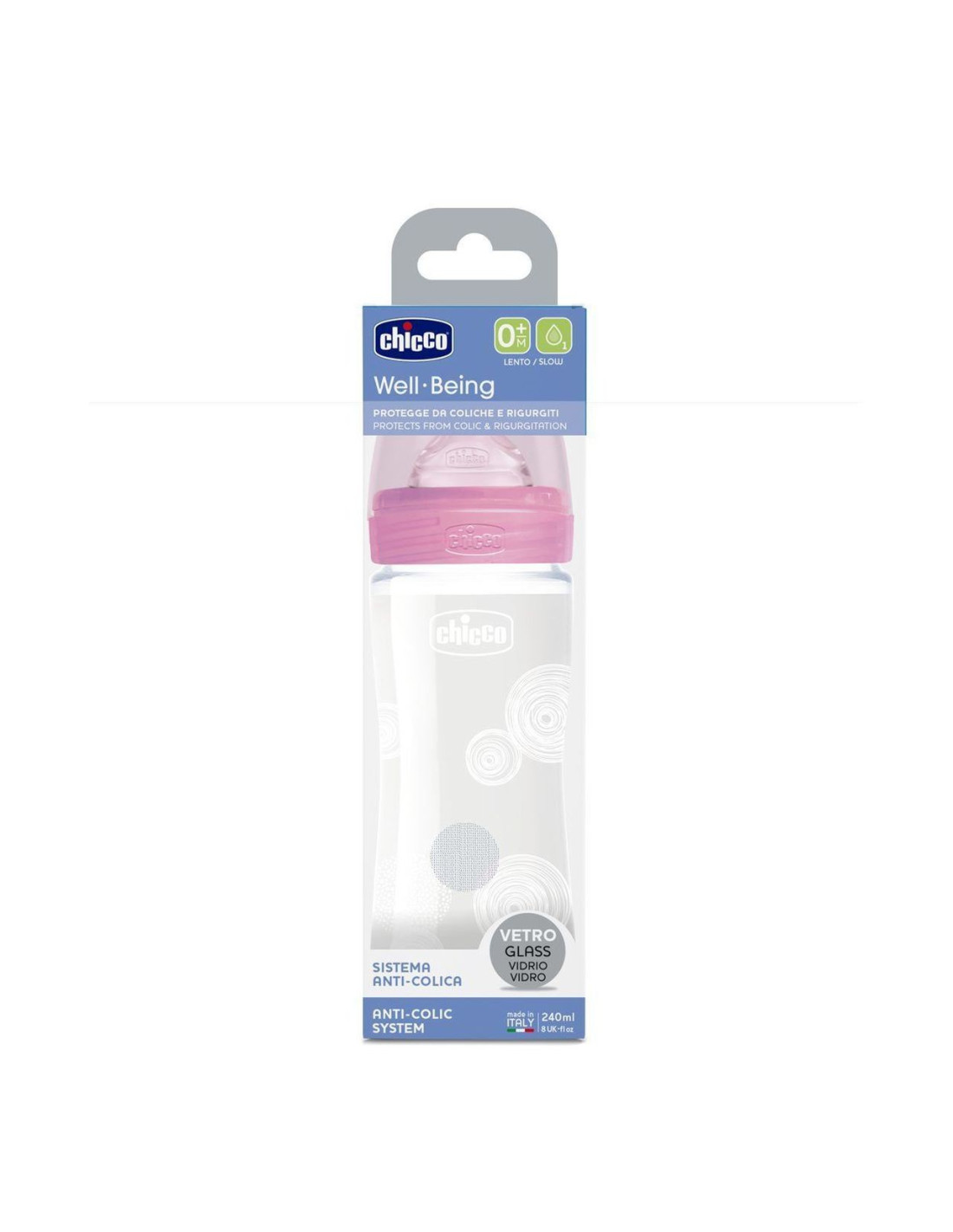CHICCO WELL BEING BIBERON VERRE 240 ML DEBIT LENT 0 MOIS ET +