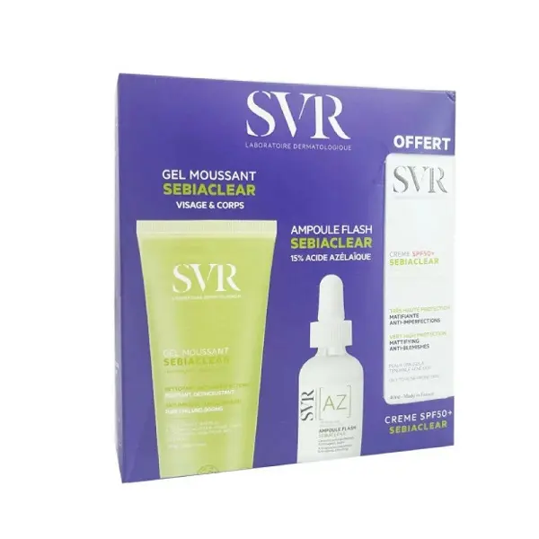 PACK SVR SEBIACLEAR GEL MOUSSANT 200ML +AMPOULE FLASH AZ +ECRAN SEBIACLEAR SPF 50+OFFERT