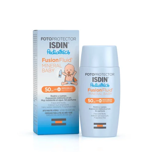 ISDIN ECRAN FUSION FLUIDE MINERAL SPF 50+ est un photoprotecteur fluide aux filtres minéraux spécialement formulé pour la peau fragile des bébés.