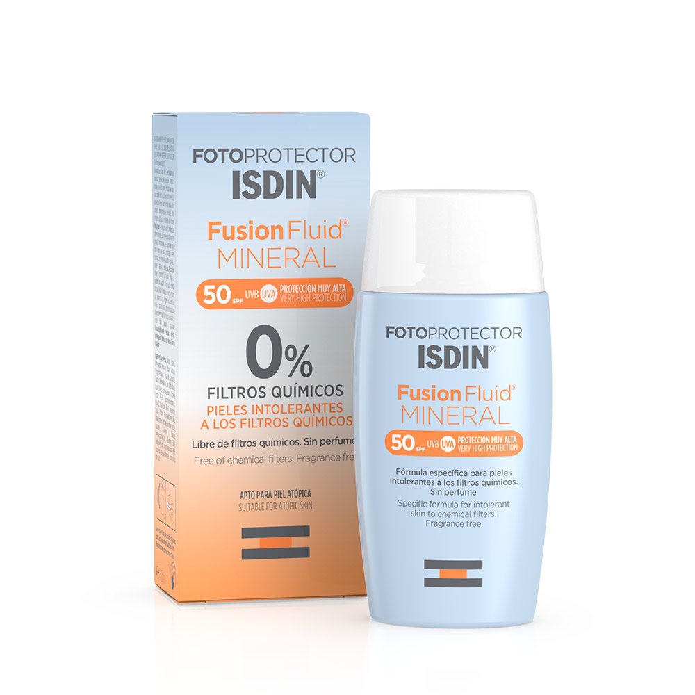 ISDIN ECRAN FUSION FLUIDE MINERAL SPF 50+ offre un photoprotection invisible pour peaux sensible et atopiques, sa texture est matifiante et hydratante.