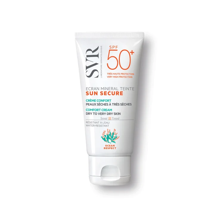 SVR SUN SECURE SPF50+MINER TEINTÉ P.SEC 50ML convient aux peaux intolérantes mais aussi aux femmes qui souhaitent se maquiller au soleil toute l’année