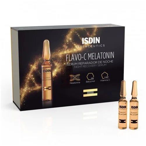 ISDIN FLAVO-C MELATONIN est un sérum sous forme d’ampoules individuelles, qui agit pendant le sommeil en stimulant des défenses antioxydantes de la peau