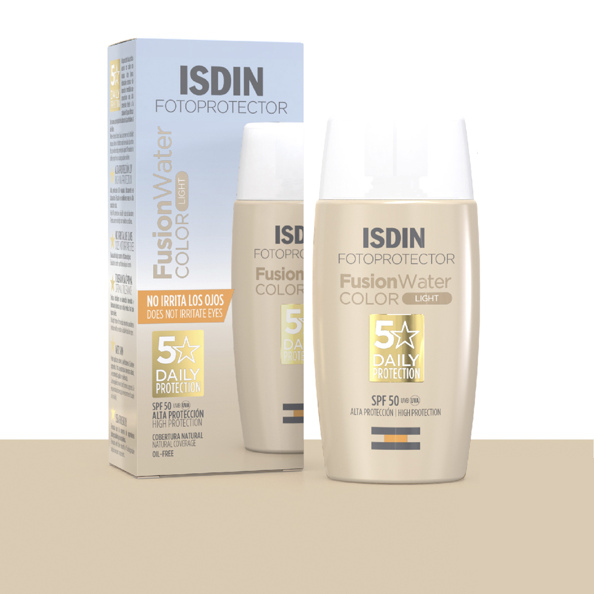 isdin écran solaire fusion water teinte light spf 50+est un écran solaire non gras offrant une protection invisible et fraîche.