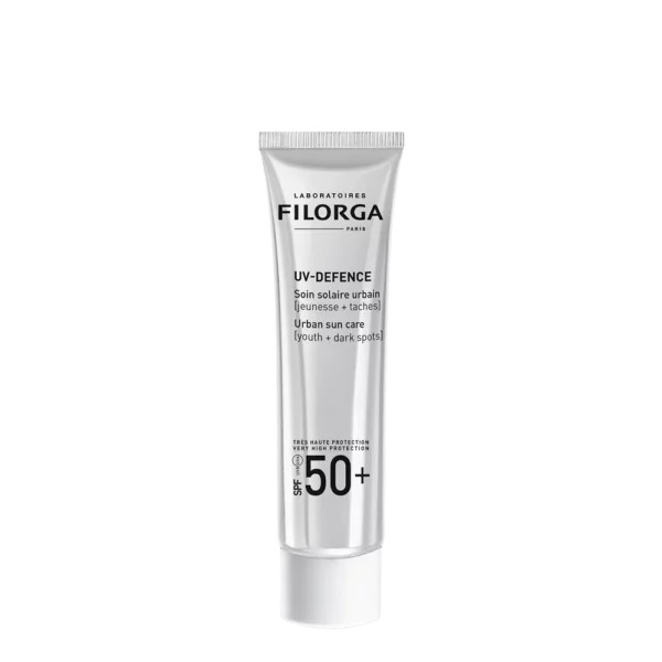 FILORGA UV DEFENCE SOIN SOLAIRE ANTI-AGE ANTI-TACHES SPF50+ est un protecteur solaire puissant contre les UVA et UVB, anti age à texture non grasse.