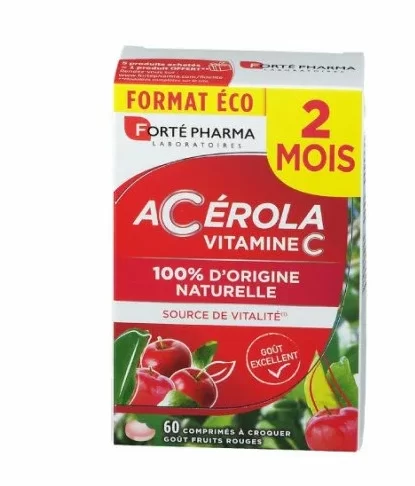 Forte Pharma ACEROLA Vitamine C est un complément alimentaire  d'origine naturelle provenant d'un fruit, l'ACÉROLA, connu par sa richesse en vitamine C