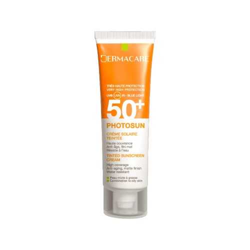 Le Fluide Solaire DERMACARE PHOTOSUN matifiant et teinté à haute protection spf 50 qui protège la peau des UVA/UVB et des infrarouges.