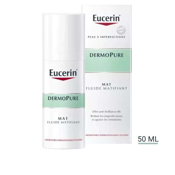 EUCERIN DermoPure MAT Fluide Matifiant offre un effet anti-brillance et aide à lutter contre les imperfections et la surproduction de sébum.