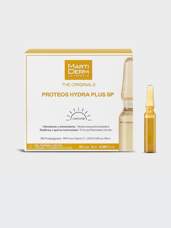 Martiderm Proteos Hydra Plus sont des ampoules hydratantes et antioxydantes qui raffermissent la peau et contiennent des filtres solaires.