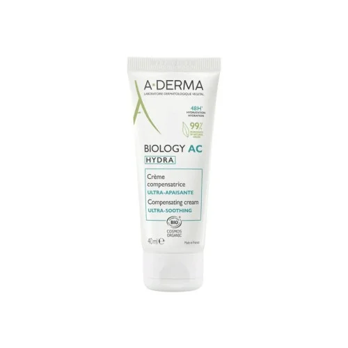 Soin hydratant dermatologique certifié bio pour compenser l'effet desséchant des traitements des peaux à tendance acnéique. Apaise les boutons et les rougeurs