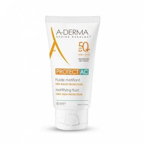 ADERMA ECRAN PROTECT AC FLUIDE MATIFIANT 40 ML très haute protection SPF+50 spécifiquement développé et testé pour les peaux à tendance acnéique