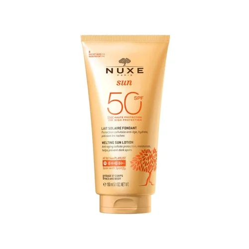 NUXE SUN Lait Fondant Haute Protection SPF 50 protège votre peau des rayons du soleil, hydrate, prévient le photo-vieillissement cutané prématuré et l'apparition des taches. Sa texture fondante ne laisse pas de film blanc et glisse sur votre peau avec volupté pour une véritable sensation de confort.