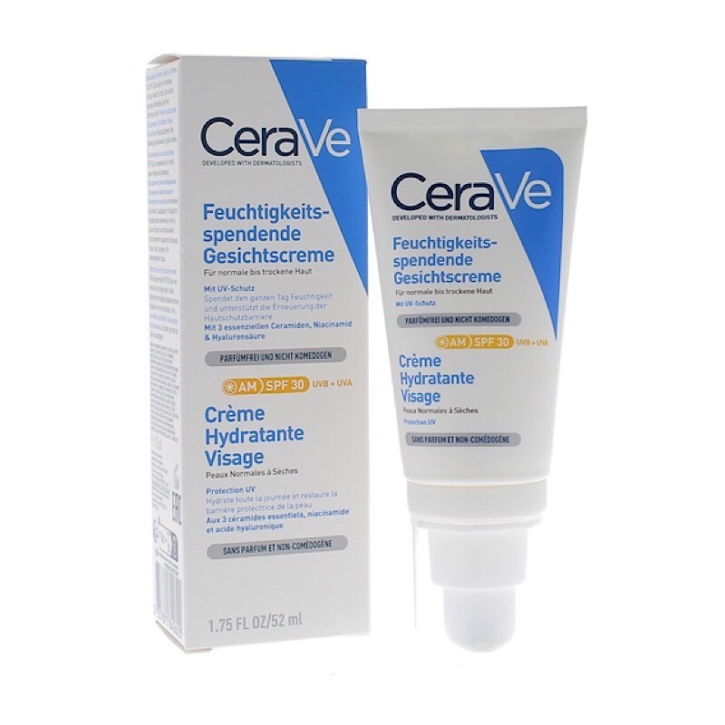 La Crème Hydratante Visage SPF30 de Cerave est un soin qui hydrate les peaux normales à sèches. Cette crème à la texture légère et non grasse s'applique sur le visage et le cou pour une peau hydratée toute la journée. Sa protection UV SPF30 bloque les rayons UVA et UVB pour protéger la peau du soleil.