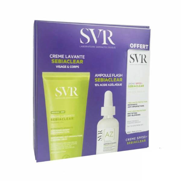 svr sebiaclear creme lavante 200ml+SVR SEBIACLEAR Ampoule Flash AZ 30ML+SVR ecran Sebiaclear creme spf50 haute protection solaire matifiant 40 ml OFFERT